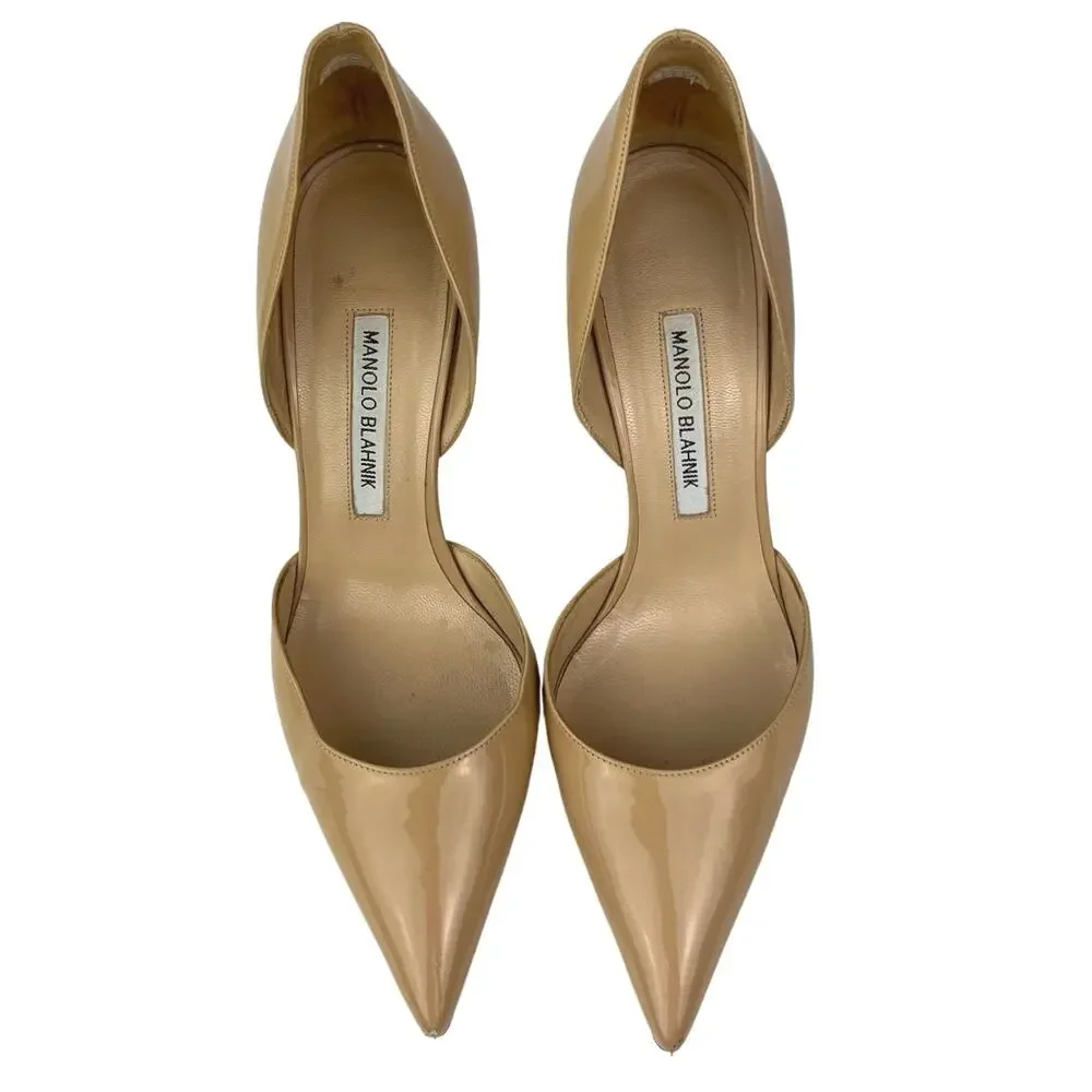 Manolo Blahnik Beige Pointed Toe Patent Leather Slip On D'Orsay Pump Heels Sz 8
